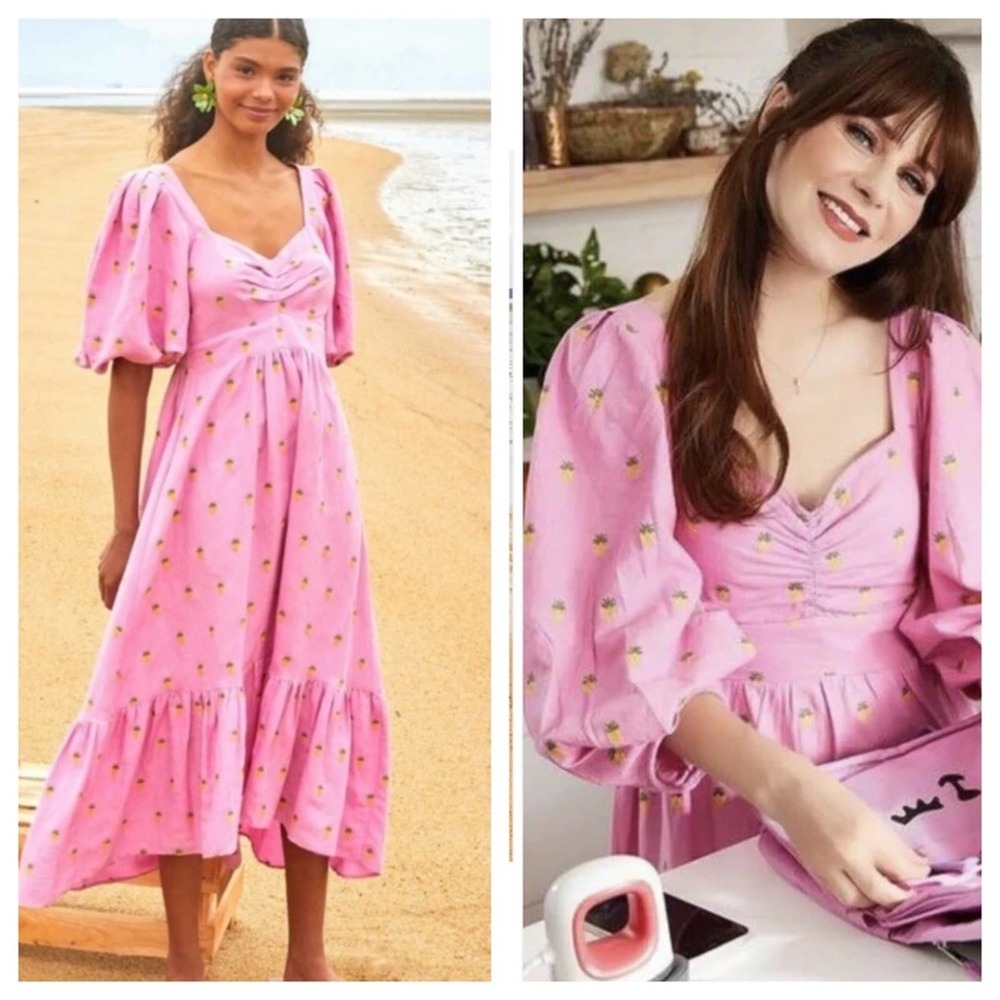 NWT Farm Rio Embroidered Pineapple Pink Maxi Dress Short Puff Sleeve V-Neck S